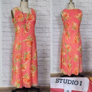 90s Y2K Bias Cut Slip Dress hot coral pink orange floral maxi shift length M 8